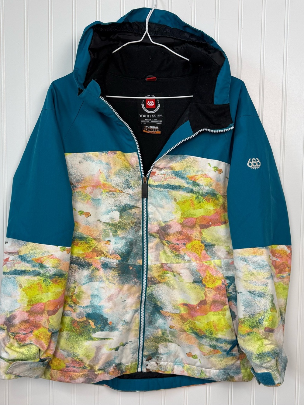 686 Teal Hooded Jacket with Multicolor Abstract Print